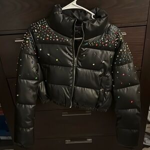 Jeweled Black Leather Bomber